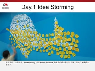 Day.1 Idea Storming




暖身活動，主題聯想：idea storming。以”Hidden Treasure”為主題的概念發想，分享，並進行後續概念
整理。
 