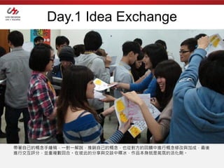 Day.1 Idea Exchange




帶著自己的概念手繪稿，一對一解說，推銷自己的概念，也從對方的回饋中進行概念修改與加成，最後
進行交互評分，並重複數回合。在彼此的分享與交談中釋冰，作品本身就是氣氛的活化劑。
 