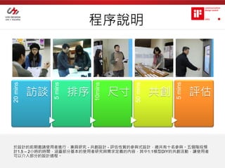 程序說明
20 mins




               5 mins




                             10mins




                                           50 mins




                                                          5 mins
          訪談            排序            尺寸             共創            評估



於設計的前期邀請使用者進行，兼具研究 - 共創設計 - 評估性質的參與式設計，總共有十名參與。五個階段預
計1.5 – 2小時的時間，涵蓋部分基本的使用者研究與需求定義的內容，其中1:1模型DIY的共創活動，讓使用者
可以介入部分的設計過程。
 