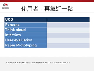 使用者，再靠近一點
UCD
Persona
Think aloud
Interview
User evaluation
Paper Prototyping



這是我們常常使用的UCD方法。透過具有實驗性質的工作坊，延伸UCD的方法。
 