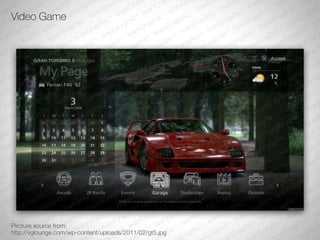 Video Game




Pircture source from:
http://vglounge.com/wp-content/uploads/2011/02/gt5.jpg
 