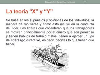 La teoría “X” y “Y”
Se basa en los supuestos y opiniones de los individuos, la
manera de motivarse y como esto influye en la conducta
del líder. Los líderes que consideran que los trabajadores
se motivan principalmente por el dinero que son perezoso
y tienen hábitos de trabajo malos, tienen a ejercer un tipo
de liderazgo directivo, es decir, decirles lo que tienen que
hacer.
11Elaborado Por : Sergio Páez Hernández
 