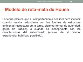 Modelo de ruta-meta de House
La teoría plantea que el comportamiento del líder será ineficaz
cuando resulta redundante con las fuentes de estructura
ambiental (estructura de la tarea, sistema formal de autoridad,
grupo de trabajo), o cuando es incongruente con las
características del subordinado (control de sí mismo,
experiencia, habilidad percibida).
24Elaborado Por : Sergio Páez Hernández
 