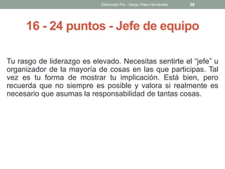 16 - 24 puntos - Jefe de equipo
Tu rasgo de liderazgo es elevado. Necesitas sentirte el “jefe” u
organizador de la mayoría de cosas en las que participas. Tal
vez es tu forma de mostrar tu implicación. Está bien, pero
recuerda que no siempre es posible y valora si realmente es
necesario que asumas la responsabilidad de tantas cosas.
56Elaborado Por : Sergio Páez Hernández
 