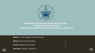 Benemérita Universidad Autónoma de Puebla.
Facultad de Administración
Licenciatura en Administración de Empresas a Distancia.
Maestro: Víctor Josaphat Carrasco Romero
Materia: Dirección Empresarial
Alumna: Sandra López Juárez
Actividad: Unidad II, Actividad 7
 