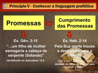 Ex. Gên. 3:15  “ ...um filho de mulher esmagaria a cabeça da serpente (Satanás)” Identificado em Apocalipse 12:9.  Ex. Heb. 2:14 Pela Sua morte trouxe a destruição para o inimigo. Heb. 1:14 e   I João 3:8. “...para desfazer as obras do Diabo e para destruir o Diabo” Promessas Cumprimento  das Promessas 
