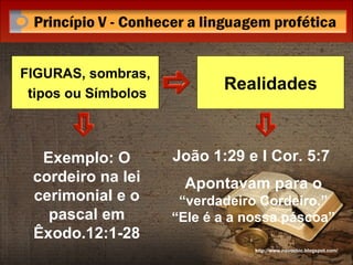 Exemplo: O cordeiro na lei cerimonial e o pascal em Êxodo.12:1-28 João 1:29 e I Cor. 5:7  Apontavam para o  “verdadeiro Cordeiro.” “Ele é a a nossa páscoa” http://www.novocbic.blogspot.com/ FIGURAS, sombras, tipos ou Símbolos Realidades 