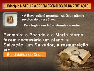 A Revelação é progressiva, Deus não se revelou de uma só vez. Pela lógica um fato determina o outro.  http://www.novocbic.blogspot.com/ Exemplo: o Pecado e a Morte eterna, fazem necessário um plano: a Salvação, um Salvador, a ressurreição etc. É a didática de Deus 