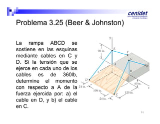 Problema 3 25 (Beer & Johnston)
3.25
La rampa ABCD se
sostiene en las esquinas
mediante cables en C y
di t
bl
D. Si la tensión que se
ejerce en cada uno de los
cables es de 360lb,
determine el momento
con respecto a A d l
t
de la
fuerza ejercida por: a) el
cable en D y b) el cable
D,
en C.
31

 