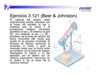 Ejercicio 3.121 (Beer & Johnston)
El cabezal del taladro radial
originalmente estaba colocado con
el b
l brazo AB paralelo al eje z,
l l
l j
mientras que la broca y el
portabrocas estaban colocados
paralelos al eje y. El sistema se giró
25 con respecto al eje y y 20 
t
l j
alrededor de la línea de centros del
brazo horizontal AB, hasta que
quedó en la posición mostrada. El
proceso d t l d
de taladro comienza al
i
l
encender el motor y girar la
manivela hasta que la broca entra
en contacto con la pieza de trabajo.
Reemplace l f
R
l
la fuerza y el par
l
ejercidos por el taladro por un
sistema equivalente fuerza-par en
el centro 0 de la base de la
columna vertical.
l
ti l
66

 