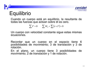 Equilibrio
Cuando un cuerpo está en equilibrio, la resultante de
todas las fuerzas que actúan sobre él es cero.

F  0

M

0

  r  F   0

Un cuerpo con velocidad constante sigue estas mismas
ecuaciones.
Recordar que un cuerpo en el espacio ti
R
d
l
i tiene 6
posibilidades de movimiento; 3 de translación y 3 de
rotación.
En el plano un cuerpo tiene 3 posibilidades de
plano,
movimiento; 2 de translación y 1 de rotación.

69

 