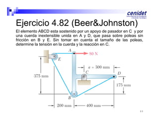 Ejercicio 4 82 (Beer&Johnston)
4.82
El elemento ABCD esta sostenido por un apoyo de pasador en C y por
una cuerda inextensible unida en A y D, que pasa sobre poleas sin
fricción en B y E. Sin tomar en cuenta el tamaño de las poleas,
determine la tensión en la cuerda y la reacción en C.

89

 