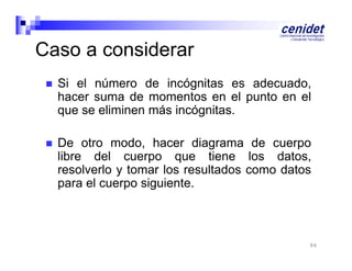Caso a considerar


Si el número de incógnitas es adecuado
adecuado,
hacer suma de momentos en el punto en el
que se eliminen más incógnitas.



De otro modo, hacer diagrama de cuerpo
libre d l cuerpo que ti
lib
del
tiene l
los d t
datos,
resolverlo y tomar los resultados como datos
para el cuerpo siguiente.

96

 