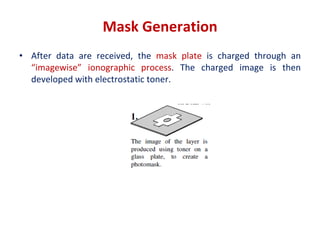 Mask Generation
• After data are received, the mask plate is charged through an
“imagewise” ionographic process. The charged image is then
developed with electrostatic toner.
 