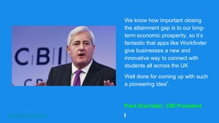 Workfinder.com
We know how important closing
the attainment gap is to our long-
term economic prosperity, so it’s
fantastic that apps like Workfinder
give businesses a new and
innovative way to connect with
students all across the UK
Well done for coming up with such
a pioneering idea”.
Paul Drechsler, CBI President
 