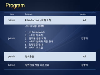 time   Program                Speaker


10min   Introduction - 자기 소개      All

        스터디 내용 설명회

        1.   UI Framework
        2.   스터디의 목적
50min   3.   결과물 샘플 보기          김영아
        4.   스터디 참여자 역할 안내
        5.   진행일정 안내
        6.   스터디 로드맵



30min   질의응답                      All


20min   참여인원 선발 기준 안내           김영아
 