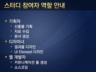 기획자
 산출물 기획
 자료 수집
 문서 생성
디자이너
 결과물 디자인
 UI Element 디자인
웹 개발자
 커뮤니케이션 툴 생성
 소스코딩
 