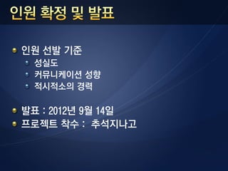 인원 선발 기준
 성실도
 커뮤니케이션 성향
 적시적소의 경력

발표 : 2012년 9월 14일
프로젝트 착수 : 추석지나고
 