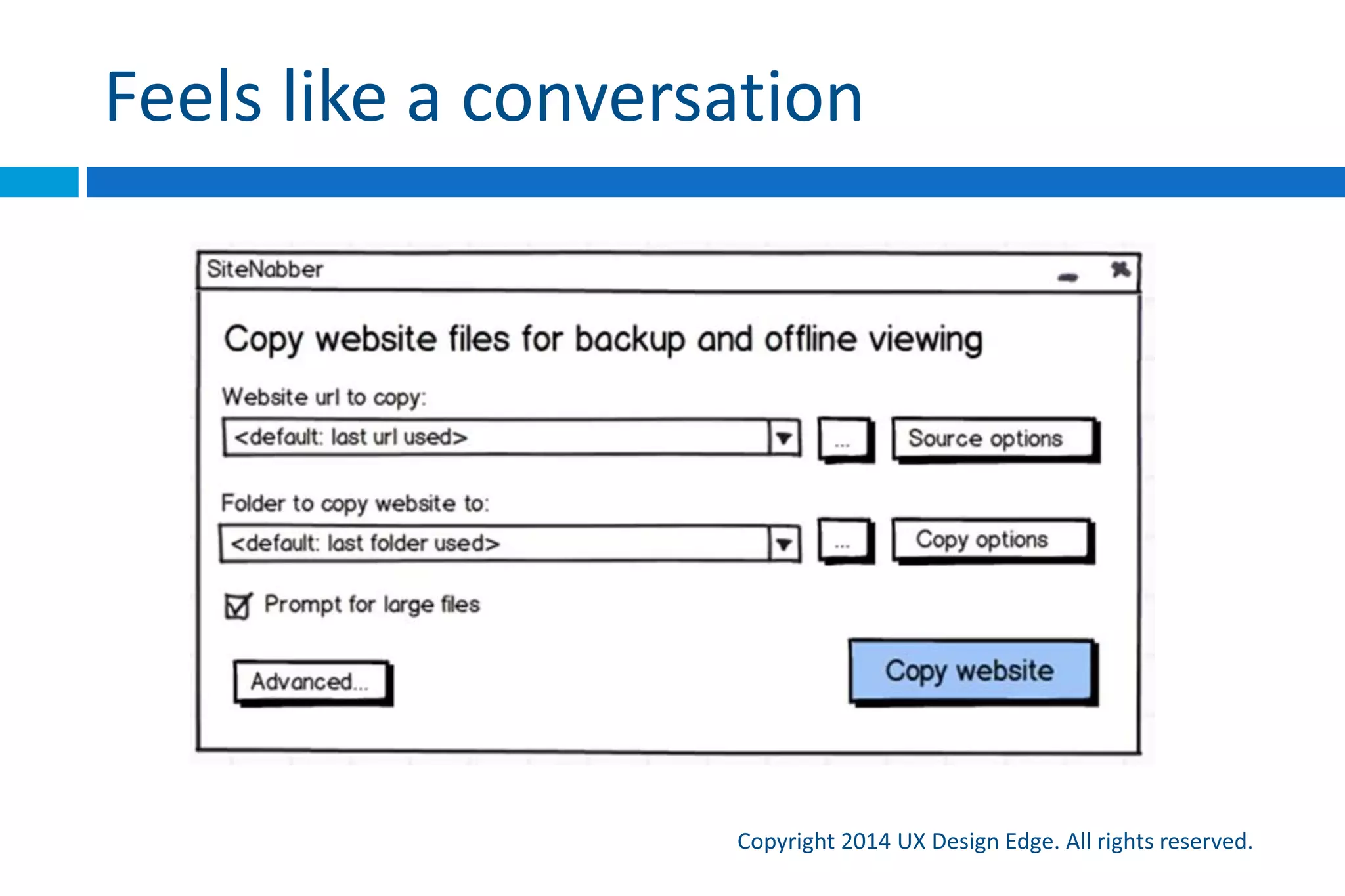Getting beyond “sketching a pile of features”
A communication-focused process
Copyright 2015 UX Design Edge. All rights reserved.
 