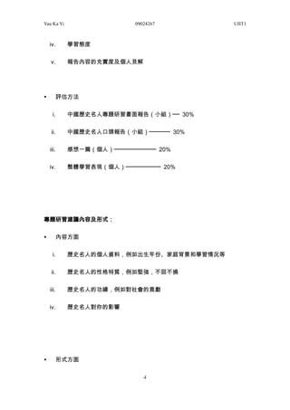 Yau Ka Yi 09024267 UIIT1
4
iv. WB
v. ݵĳ䌍ȼҊ
? u
i. Їvʷˌ}棨СM 30%
ii. Їvʷ˿^棨СM 30%
iii. һƪˣ 20%
iv. wWFˣ 20%
}hݼʽ
? ݷ
i. vʷ˵ĂYϣݡͥ͌Wr
ii. vʷ˵Ը|ԏ
iii. vʷ˵Ĺ猦ؕI
iv. vʷˌӰ
? ʽ
 