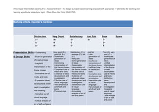 ITCE Upper Intermediate Level (UIIT) | Assessment item 1 To design a project-based learning proposal (with appropriate IT elements) for teaching and
learning a particular subject and topic. | Chan Chun Har Emily (09461752)




Marking criteria (Teacher’s marking)




                        Distinction              Very Good           Satisfactory           Just Fair             Poor                Score
                         A+                      B+                   C+                     D+                   D
                         A                       B                    C                                           D−
                         A−                      B−                   C−                                          E


Presentation Skills - Outstanding              Very good (B+),       Satisfactory (C+),     Just fair             Poor (D), very
                                                 good (B, B-)          average (C), fair    - Little                poor (D-)
& Design Skills         - Fluent in generation - Systematic            (C-)                   generation of       - Inadequate
                                                 generation of       - Adequate               ideas                 generation of
                        of creative ideas        ideas               - Some generation      - Insufficient          ideas
                        - Insightful           - Convincing            of ideas               interpretation of   - Limited
                                                 interpretation of   - Reasonable             the theme chosen      interpretation
                        interpretation of the    the theme chosen      interpretation of    - Inefficient use       of the theme
                        theme chosen           - Competent use of      the theme chosen       of media and          chosen
                                                 media and tools     - Routine use of         tools               - Incompetent
                        - Innovative use of    - Evidence of ideas     media and tools      - Incomplete ideas      use of media
                                                 development and     - Evidence of            development and       and tools
                        media and tools
                                                 investigation         adequate ideas         investigation       - Ineffective
                        - Expressive ideas     - Effective use of      development and      - Insensitive use       ideas
                                                 visual language       investigation          of visual             development
                        development and in- - Valid analysis of      - Satisfactory use                             and
                                                                                              language
                        depth investigation      art of self and       of visual            - Fair analysis of      investigation
                                                 peers                 language               art of self and     - Incapable
                        with meaning           - Personal style      - Acceptable             peers                 use of visual
                        - Sensitive use of                             analysis of art of                           language
                                                                       self and peers                             - Little analysis
                        visual language                                                                             of art of self
                        - Critical analysis of                                                                      and peers

                        art of self and peers
 