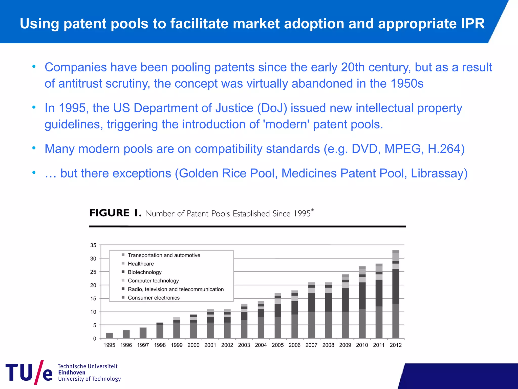 Using patent pools to facilitate market adoption and appropriate IPR
• Companies have been pooling patents since the early 20th century, but as a result
of antitrust scrutiny, the concept was virtually abandoned in the 1950s
• In 1995, the US Department of Justice (DoJ) issued new intellectual property
guidelines, triggering the introduction of 'modern' patent pools.
• Many modern pools are on compatibility standards (e.g. DVD, MPEG, H.264)
• … but there exceptions (Golden Rice Pool, Medicines Patent Pool, Librassay)
 