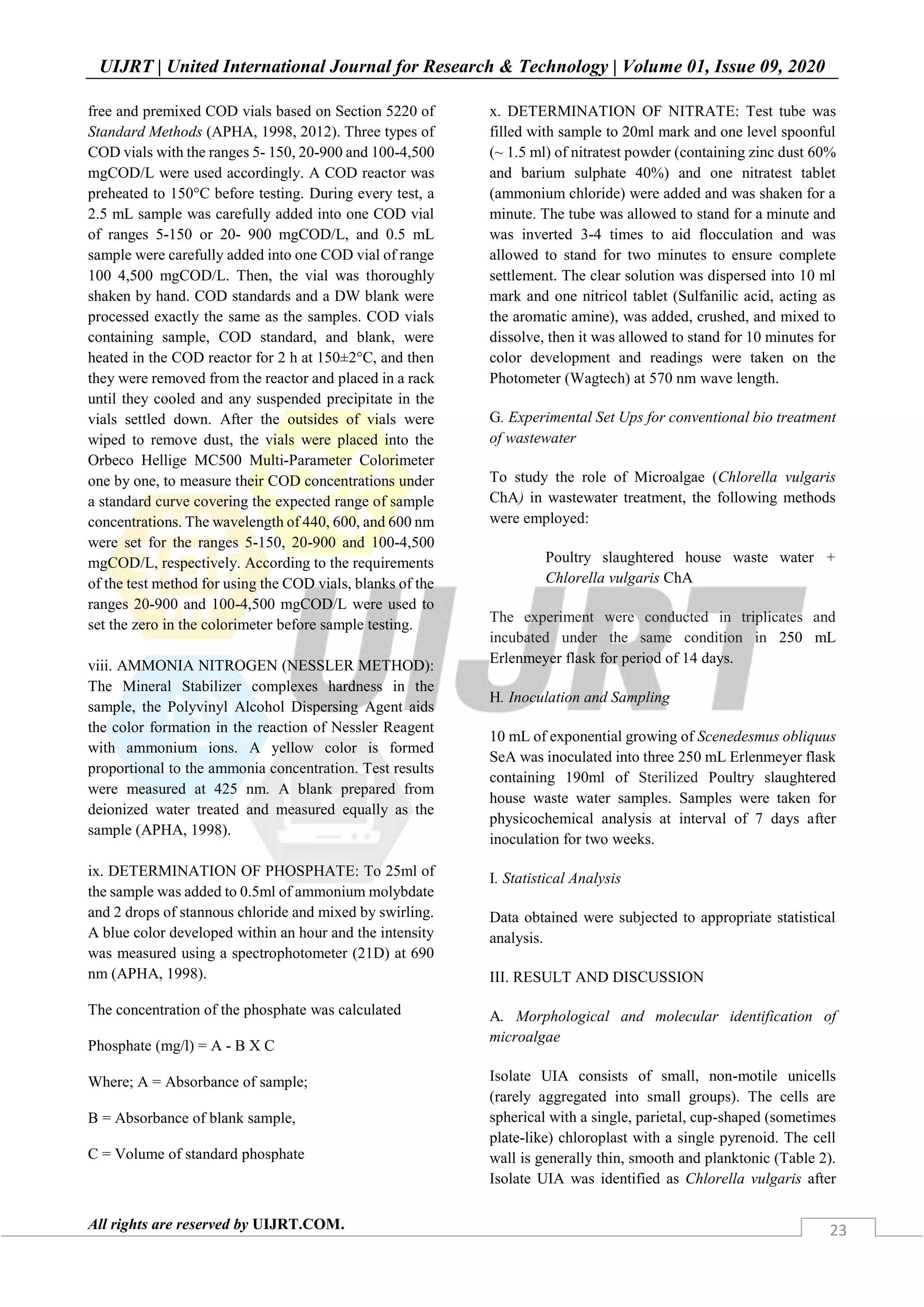 Biotreatment of Slaughterhouse Waste Water by Microalgae | PDF