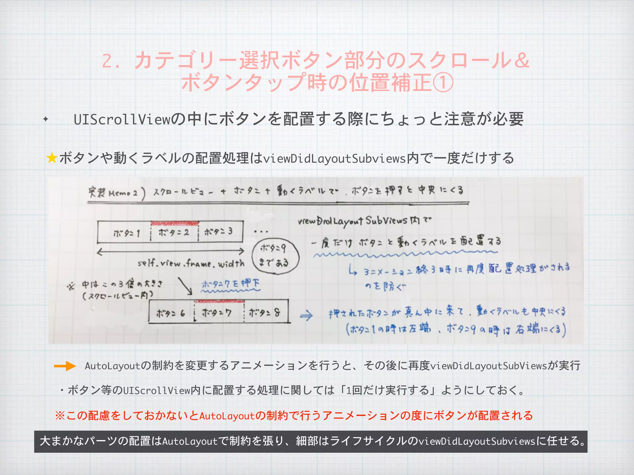 ✦ UIScrollViewの中にボタンを配置する際にちょっと注意が必要
大まかなパーツの配置はAutoLayoutで制約を張り、細部はライフサイクルのviewDidLayoutSubviewsに任せる。
※この配慮をしておかないとAutoLayoutの制約で行うアニメーションの度にボタンが配置される
★ボタンや動くラベルの配置処理はviewDidLayoutSubviews内で一度だけする
2.	カテゴリー選択ボタン部分のスクロール＆

ボタンタップ時の位置補正①
・ボタン等のUIScrollView内に配置する処理に関しては「1回だけ実行する」ようにしておく。
AutoLayoutの制約を変更するアニメーションを行うと、その後に再度viewDidLayoutSubViewsが実行
 