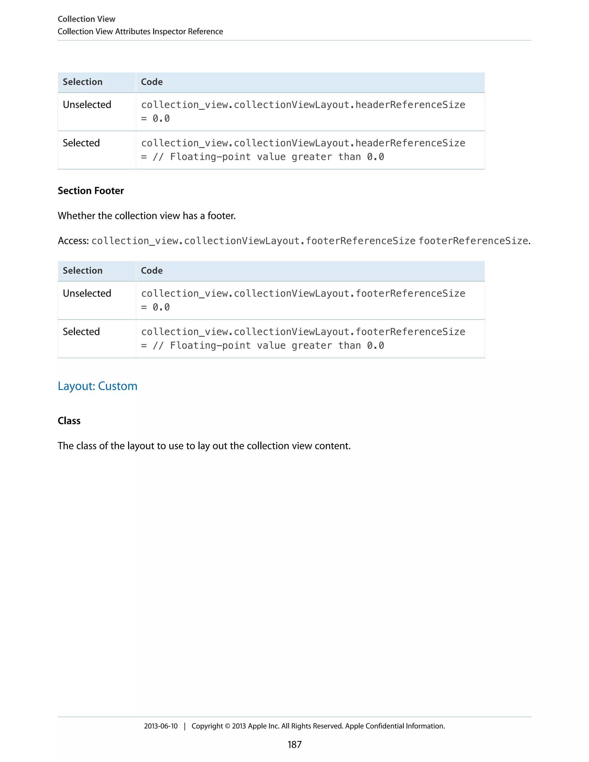 CodeSelection
collection_view.collectionViewLayout.headerReferenceSize
= 0.0
Unselected
collection_view.collectionViewLayout.headerReferenceSize
= // Floating-point value greater than 0.0
Selected
Section Footer
Whether the collection view has a footer.
Access: collection_view.collectionViewLayout.footerReferenceSize footerReferenceSize.
CodeSelection
collection_view.collectionViewLayout.footerReferenceSize
= 0.0
Unselected
collection_view.collectionViewLayout.footerReferenceSize
= // Floating-point value greater than 0.0
Selected
Layout: Custom
Class
The class of the layout to use to lay out the collection view content.
Collection View
Collection View Attributes Inspector Reference
2013-06-10 | Copyright © 2013 Apple Inc. All Rights Reserved. Apple Confidential Information.
187
 