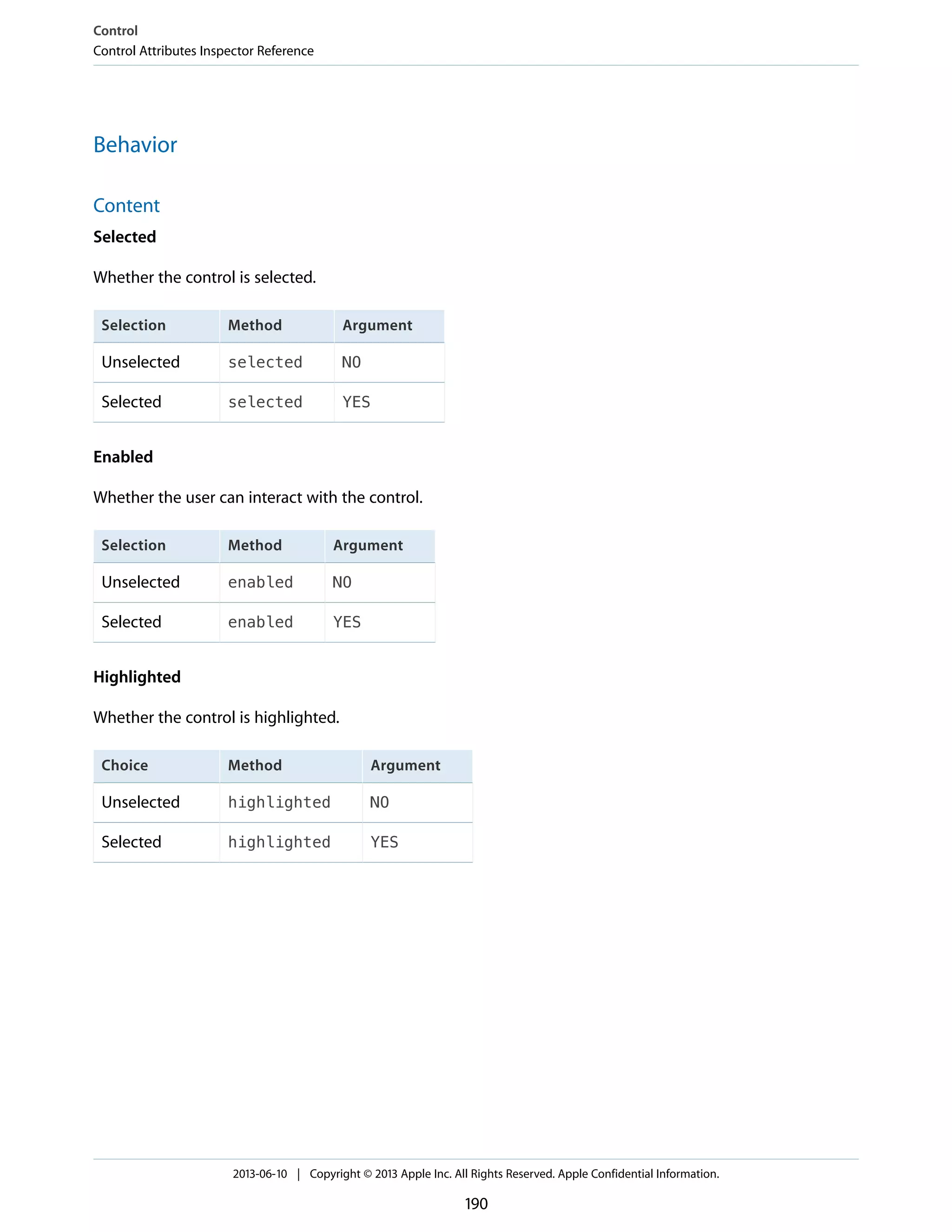 Behavior
Content
Selected
Whether the control is selected.
ArgumentMethodSelection
NOselectedUnselected
YESselectedSelected
Enabled
Whether the user can interact with the control.
ArgumentMethodSelection
NOenabledUnselected
YESenabledSelected
Highlighted
Whether the control is highlighted.
ArgumentMethodChoice
NOhighlightedUnselected
YEShighlightedSelected
Control
Control Attributes Inspector Reference
2013-06-10 | Copyright © 2013 Apple Inc. All Rights Reserved. Apple Confidential Information.
190
 