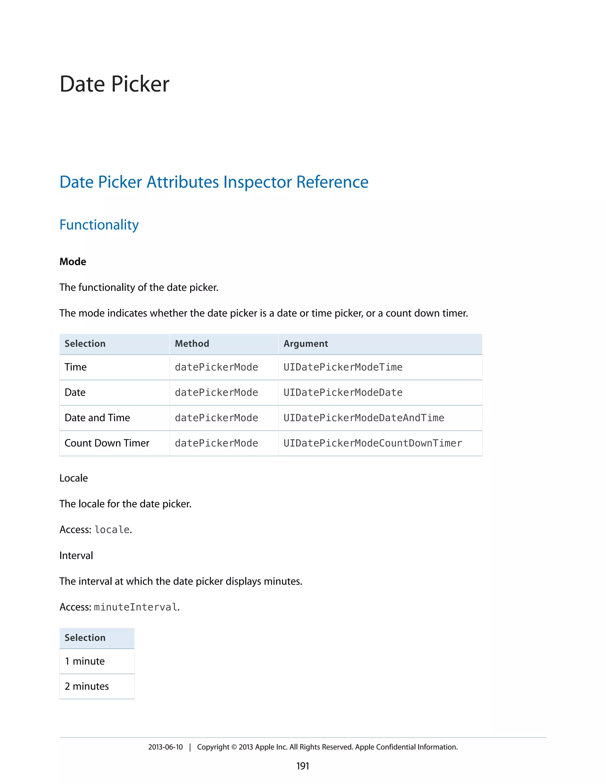Date Picker Attributes Inspector Reference
Functionality
Mode
The functionality of the date picker.
The mode indicates whether the date picker is a date or time picker, or a count down timer.
ArgumentMethodSelection
UIDatePickerModeTimedatePickerModeTime
UIDatePickerModeDatedatePickerModeDate
UIDatePickerModeDateAndTimedatePickerModeDate and Time
UIDatePickerModeCountDownTimerdatePickerModeCount Down Timer
Locale
The locale for the date picker.
Access: locale.
Interval
The interval at which the date picker displays minutes.
Access: minuteInterval.
Selection
1 minute
2 minutes
2013-06-10 | Copyright © 2013 Apple Inc. All Rights Reserved. Apple Confidential Information.
191
Date Picker
 