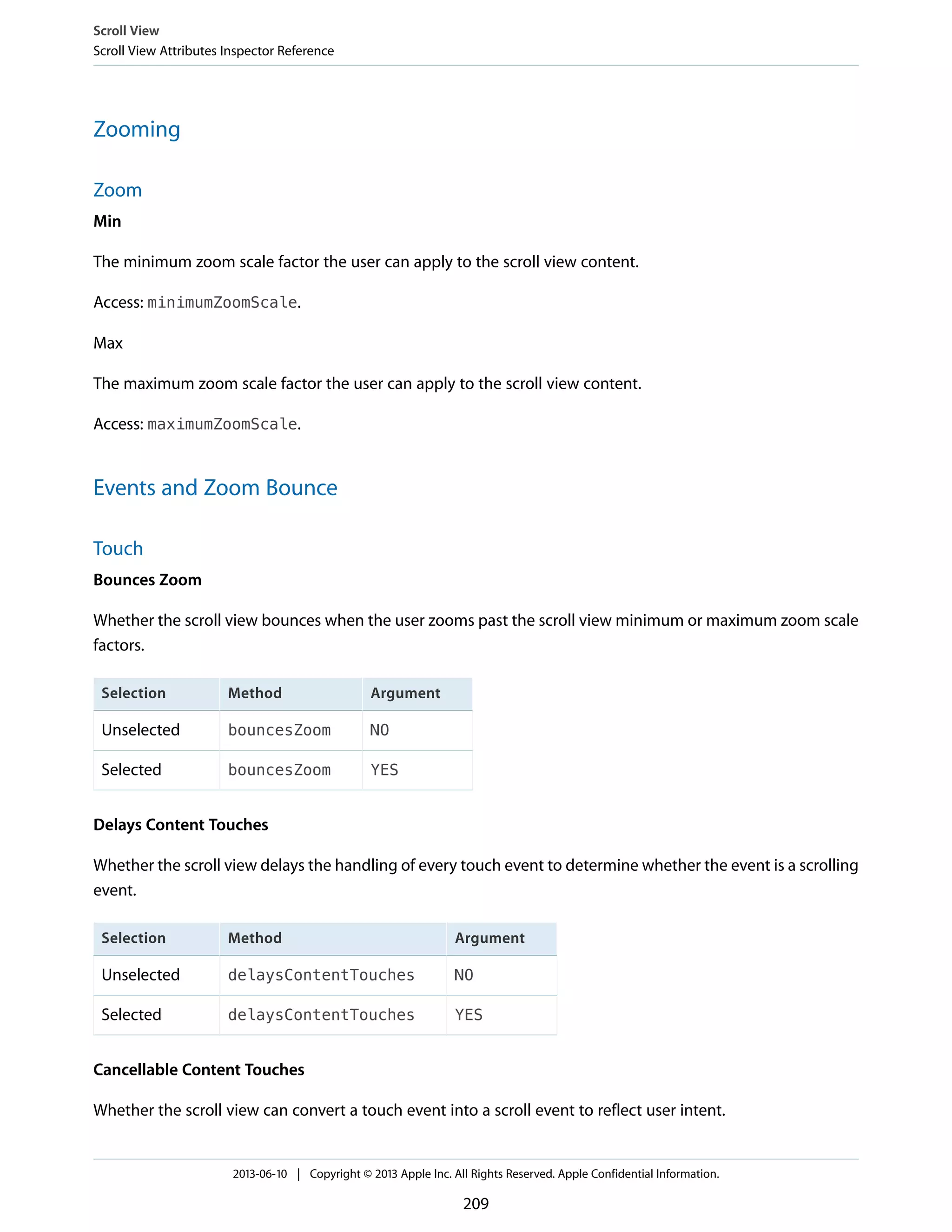 Zooming
Zoom
Min
The minimum zoom scale factor the user can apply to the scroll view content.
Access: minimumZoomScale.
Max
The maximum zoom scale factor the user can apply to the scroll view content.
Access: maximumZoomScale.
Events and Zoom Bounce
Touch
Bounces Zoom
Whether the scroll view bounces when the user zooms past the scroll view minimum or maximum zoom scale
factors.
ArgumentMethodSelection
NObouncesZoomUnselected
YESbouncesZoomSelected
Delays Content Touches
Whether the scroll view delays the handling of every touch event to determine whether the event is a scrolling
event.
ArgumentMethodSelection
NOdelaysContentTouchesUnselected
YESdelaysContentTouchesSelected
Cancellable Content Touches
Whether the scroll view can convert a touch event into a scroll event to reflect user intent.
Scroll View
Scroll View Attributes Inspector Reference
2013-06-10 | Copyright © 2013 Apple Inc. All Rights Reserved. Apple Confidential Information.
209
 