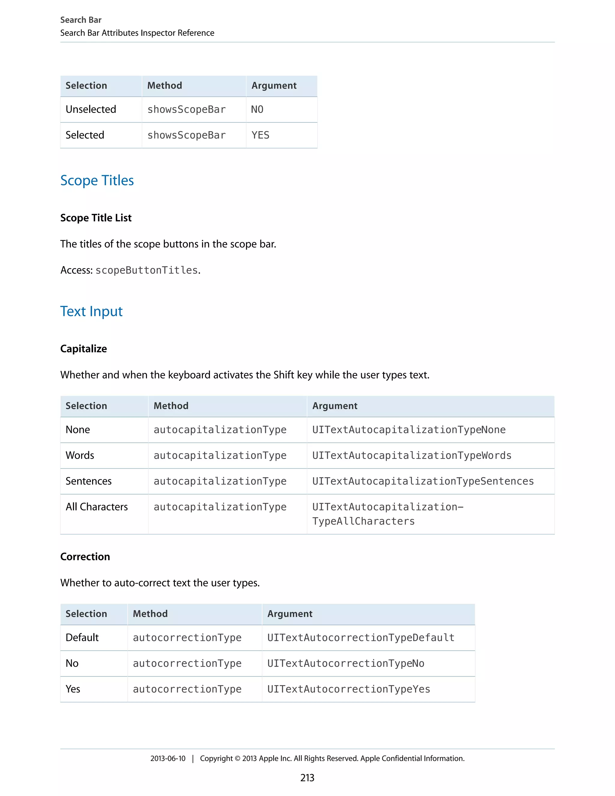 ArgumentMethodSelection
NOshowsScopeBarUnselected
YESshowsScopeBarSelected
Scope Titles
Scope Title List
The titles of the scope buttons in the scope bar.
Access: scopeButtonTitles.
Text Input
Capitalize
Whether and when the keyboard activates the Shift key while the user types text.
ArgumentMethodSelection
UITextAutocapitalizationTypeNoneautocapitalizationTypeNone
UITextAutocapitalizationTypeWordsautocapitalizationTypeWords
UITextAutocapitalizationTypeSentencesautocapitalizationTypeSentences
UITextAutocapitalization-
TypeAllCharacters
autocapitalizationTypeAll Characters
Correction
Whether to auto-correct text the user types.
ArgumentMethodSelection
UITextAutocorrectionTypeDefaultautocorrectionTypeDefault
UITextAutocorrectionTypeNoautocorrectionTypeNo
UITextAutocorrectionTypeYesautocorrectionTypeYes
Search Bar
Search Bar Attributes Inspector Reference
2013-06-10 | Copyright © 2013 Apple Inc. All Rights Reserved. Apple Confidential Information.
213
 