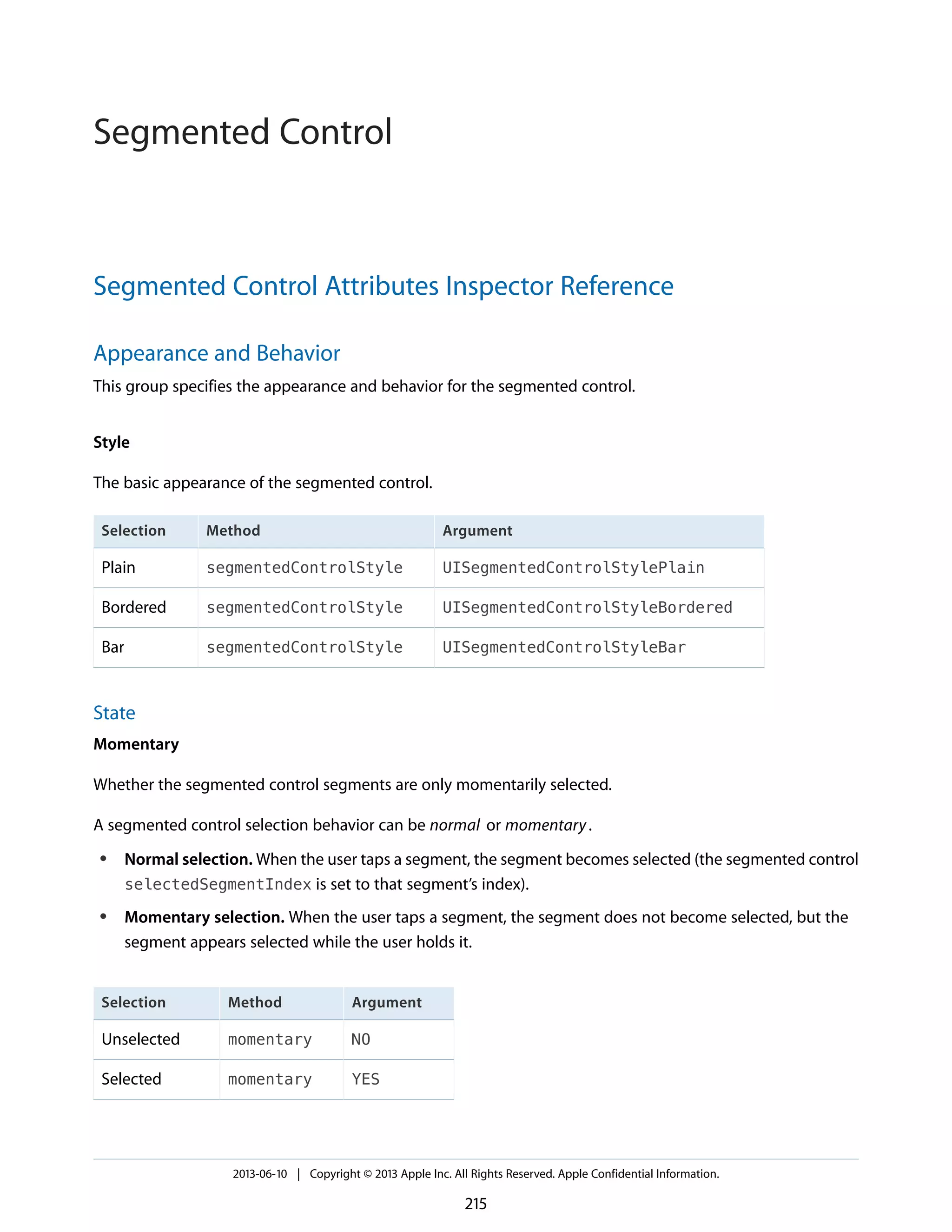 Segmented Control Attributes Inspector Reference
Appearance and Behavior
This group specifies the appearance and behavior for the segmented control.
Style
The basic appearance of the segmented control.
ArgumentMethodSelection
UISegmentedControlStylePlainsegmentedControlStylePlain
UISegmentedControlStyleBorderedsegmentedControlStyleBordered
UISegmentedControlStyleBarsegmentedControlStyleBar
State
Momentary
Whether the segmented control segments are only momentarily selected.
A segmented control selection behavior can be normal or momentary.
● Normal selection. When the user taps a segment, the segment becomes selected (the segmented control
selectedSegmentIndex is set to that segment’s index).
● Momentary selection. When the user taps a segment, the segment does not become selected, but the
segment appears selected while the user holds it.
ArgumentMethodSelection
NOmomentaryUnselected
YESmomentarySelected
2013-06-10 | Copyright © 2013 Apple Inc. All Rights Reserved. Apple Confidential Information.
215
Segmented Control
 