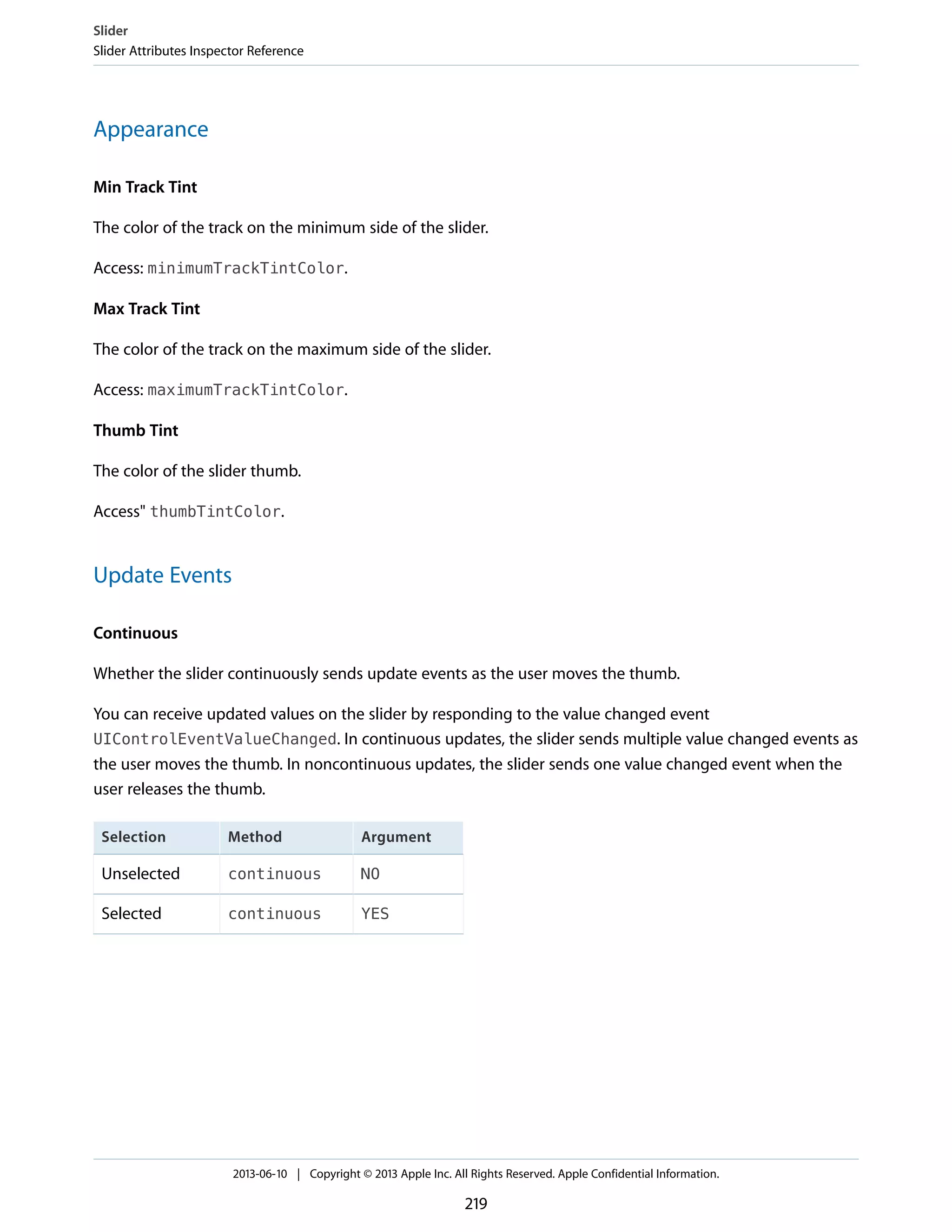 Appearance
Min Track Tint
The color of the track on the minimum side of the slider.
Access: minimumTrackTintColor.
Max Track Tint
The color of the track on the maximum side of the slider.
Access: maximumTrackTintColor.
Thumb Tint
The color of the slider thumb.
Access" thumbTintColor.
Update Events
Continuous
Whether the slider continuously sends update events as the user moves the thumb.
You can receive updated values on the slider by responding to the value changed event
UIControlEventValueChanged. In continuous updates, the slider sends multiple value changed events as
the user moves the thumb. In noncontinuous updates, the slider sends one value changed event when the
user releases the thumb.
ArgumentMethodSelection
NOcontinuousUnselected
YEScontinuousSelected
Slider
Slider Attributes Inspector Reference
2013-06-10 | Copyright © 2013 Apple Inc. All Rights Reserved. Apple Confidential Information.
219
 