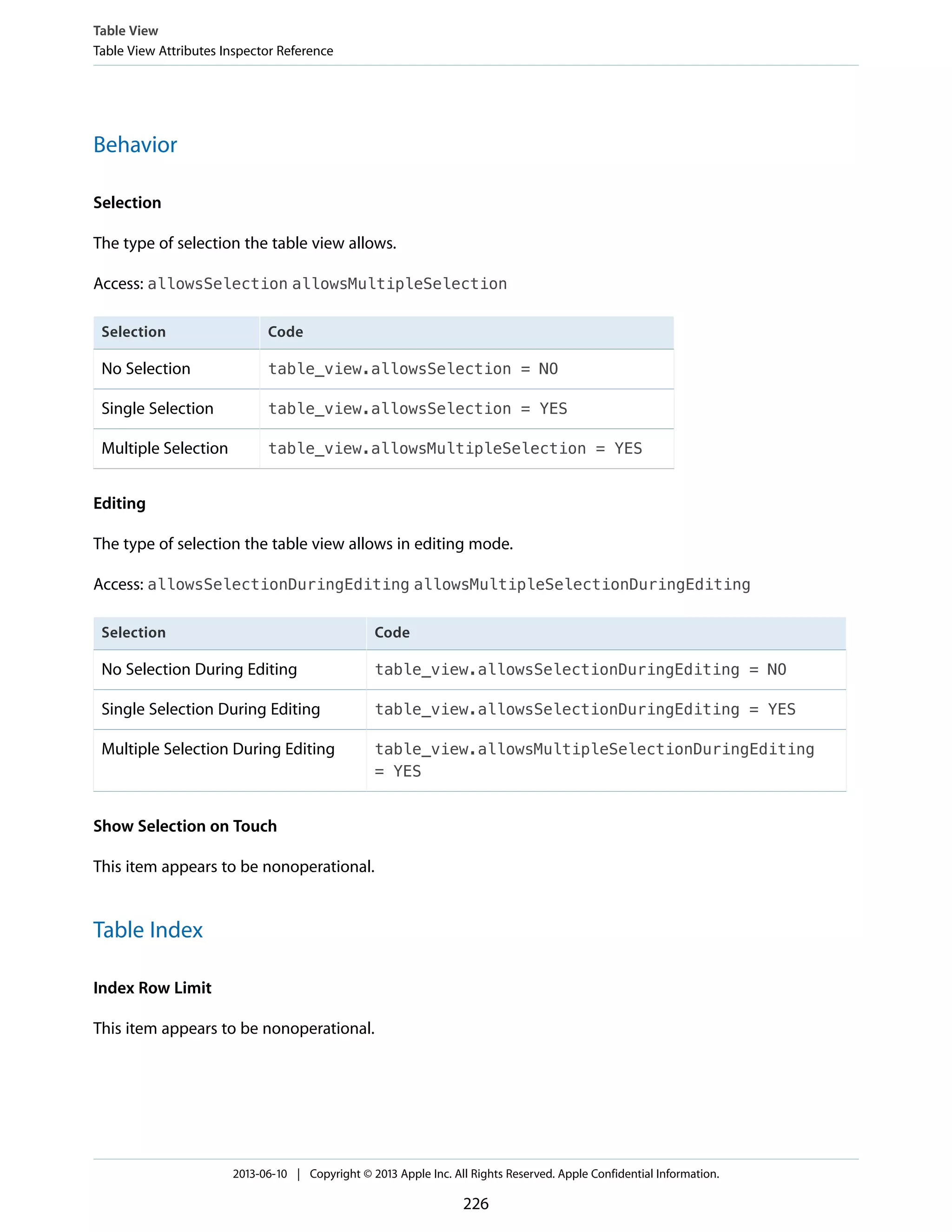 Behavior
Selection
The type of selection the table view allows.
Access: allowsSelection allowsMultipleSelection
CodeSelection
table_view.allowsSelection = NONo Selection
table_view.allowsSelection = YESSingle Selection
table_view.allowsMultipleSelection = YESMultiple Selection
Editing
The type of selection the table view allows in editing mode.
Access: allowsSelectionDuringEditing allowsMultipleSelectionDuringEditing
CodeSelection
table_view.allowsSelectionDuringEditing = NONo Selection During Editing
table_view.allowsSelectionDuringEditing = YESSingle Selection During Editing
table_view.allowsMultipleSelectionDuringEditing
= YES
Multiple Selection During Editing
Show Selection on Touch
This item appears to be nonoperational.
Table Index
Index Row Limit
This item appears to be nonoperational.
Table View
Table View Attributes Inspector Reference
2013-06-10 | Copyright © 2013 Apple Inc. All Rights Reserved. Apple Confidential Information.
226
 
