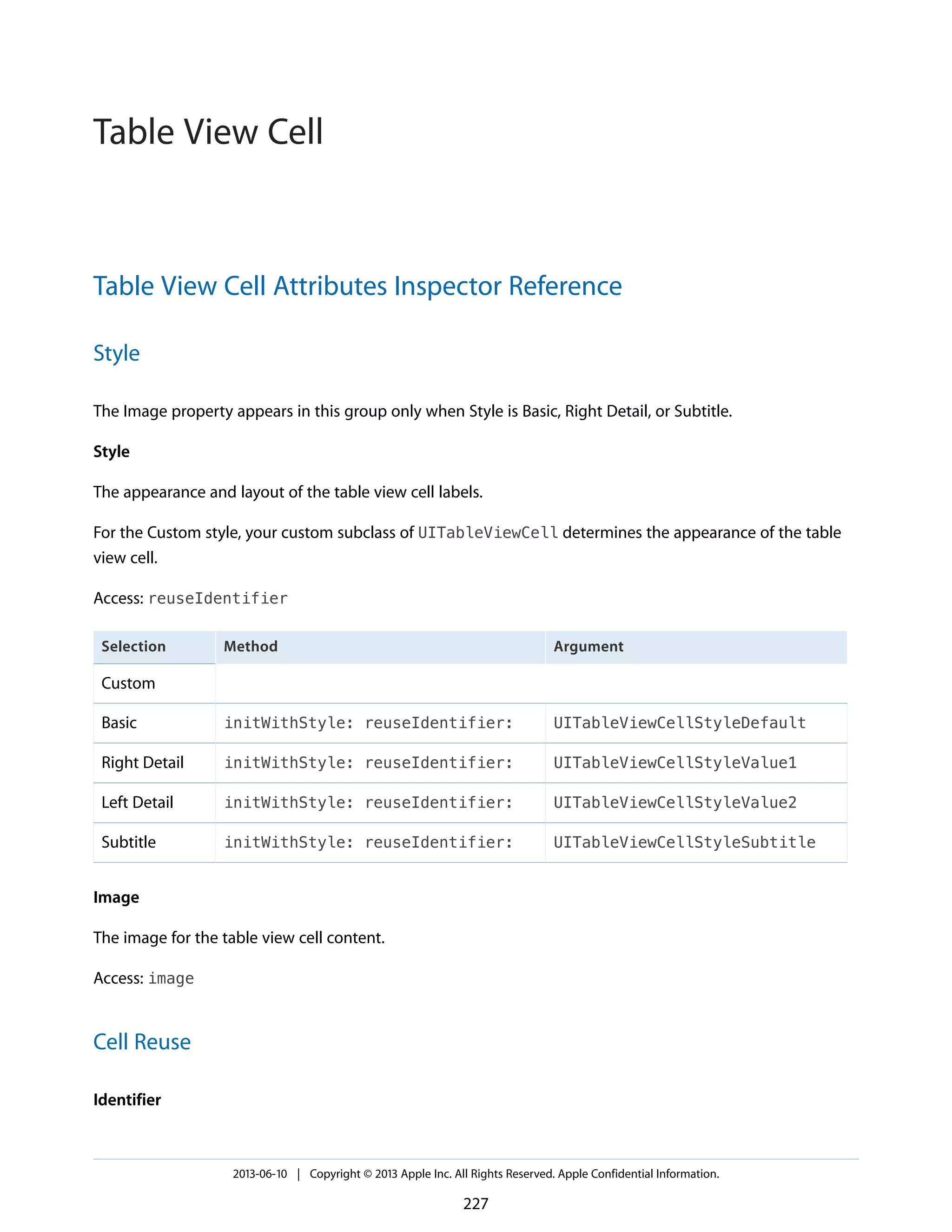 Table View Cell Attributes Inspector Reference
Style
The Image property appears in this group only when Style is Basic, Right Detail, or Subtitle.
Style
The appearance and layout of the table view cell labels.
For the Custom style, your custom subclass of UITableViewCell determines the appearance of the table
view cell.
Access: reuseIdentifier
ArgumentMethodSelection
Custom
UITableViewCellStyleDefaultinitWithStyle: reuseIdentifier:Basic
UITableViewCellStyleValue1initWithStyle: reuseIdentifier:Right Detail
UITableViewCellStyleValue2initWithStyle: reuseIdentifier:Left Detail
UITableViewCellStyleSubtitleinitWithStyle: reuseIdentifier:Subtitle
Image
The image for the table view cell content.
Access: image
Cell Reuse
Identifier
2013-06-10 | Copyright © 2013 Apple Inc. All Rights Reserved. Apple Confidential Information.
227
Table View Cell
 