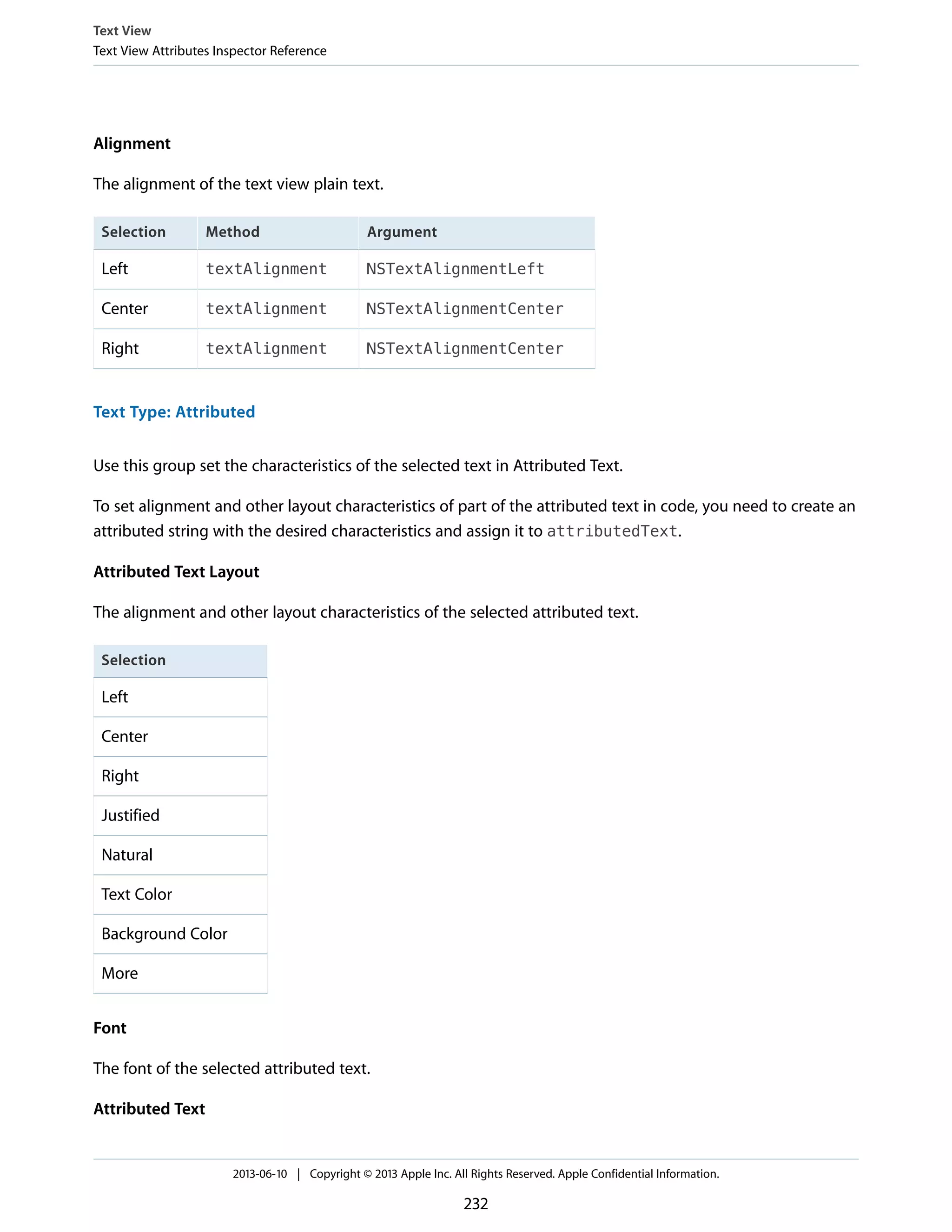 Alignment
The alignment of the text view plain text.
ArgumentMethodSelection
NSTextAlignmentLefttextAlignmentLeft
NSTextAlignmentCentertextAlignmentCenter
NSTextAlignmentCentertextAlignmentRight
Text Type: Attributed
Use this group set the characteristics of the selected text in Attributed Text.
To set alignment and other layout characteristics of part of the attributed text in code, you need to create an
attributed string with the desired characteristics and assign it to attributedText.
Attributed Text Layout
The alignment and other layout characteristics of the selected attributed text.
Selection
Left
Center
Right
Justified
Natural
Text Color
Background Color
More
Font
The font of the selected attributed text.
Attributed Text
Text View
Text View Attributes Inspector Reference
2013-06-10 | Copyright © 2013 Apple Inc. All Rights Reserved. Apple Confidential Information.
232
 