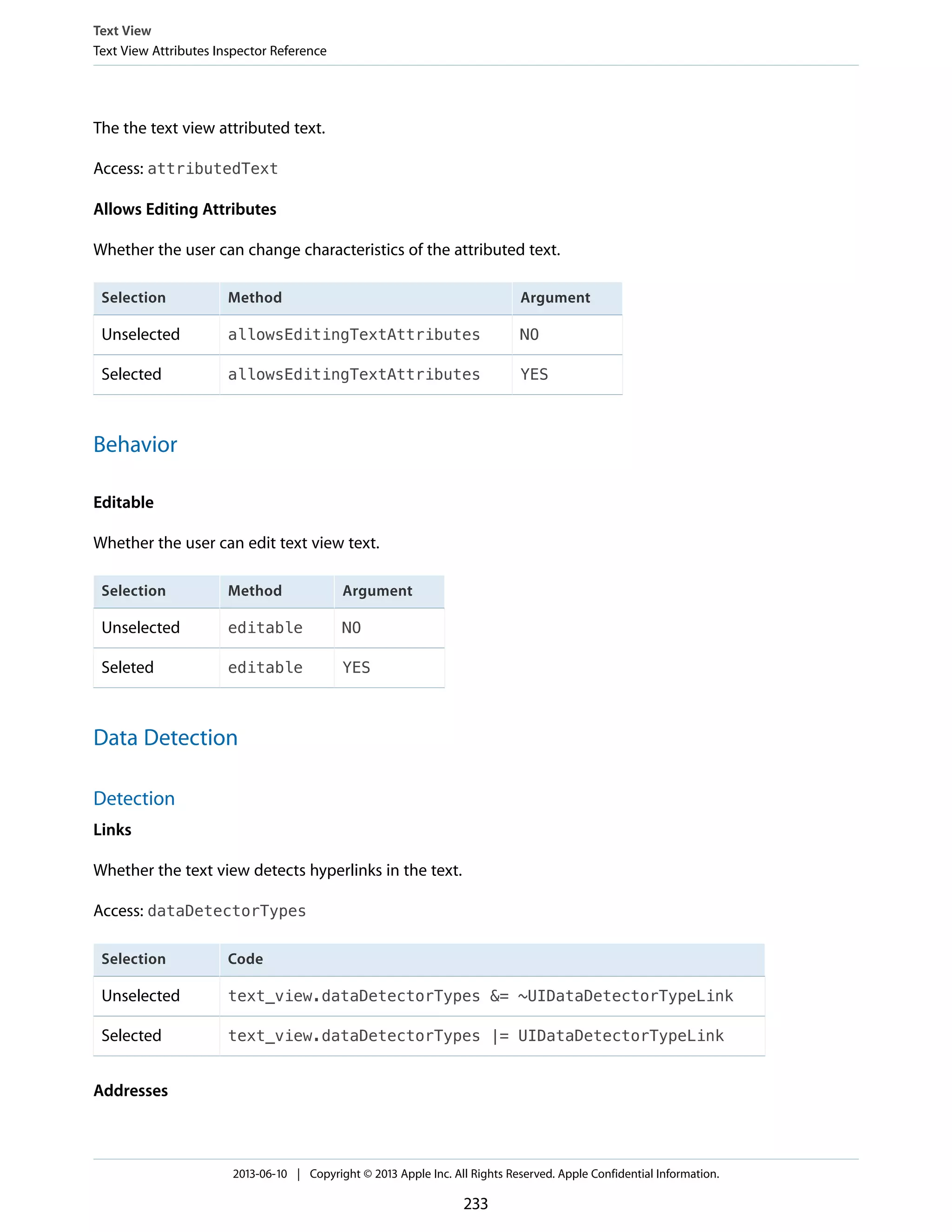 The the text view attributed text.
Access: attributedText
Allows Editing Attributes
Whether the user can change characteristics of the attributed text.
ArgumentMethodSelection
NOallowsEditingTextAttributesUnselected
YESallowsEditingTextAttributesSelected
Behavior
Editable
Whether the user can edit text view text.
ArgumentMethodSelection
NOeditableUnselected
YESeditableSeleted
Data Detection
Detection
Links
Whether the text view detects hyperlinks in the text.
Access: dataDetectorTypes
CodeSelection
text_view.dataDetectorTypes &= ~UIDataDetectorTypeLinkUnselected
text_view.dataDetectorTypes |= UIDataDetectorTypeLinkSelected
Addresses
Text View
Text View Attributes Inspector Reference
2013-06-10 | Copyright © 2013 Apple Inc. All Rights Reserved. Apple Confidential Information.
233
 