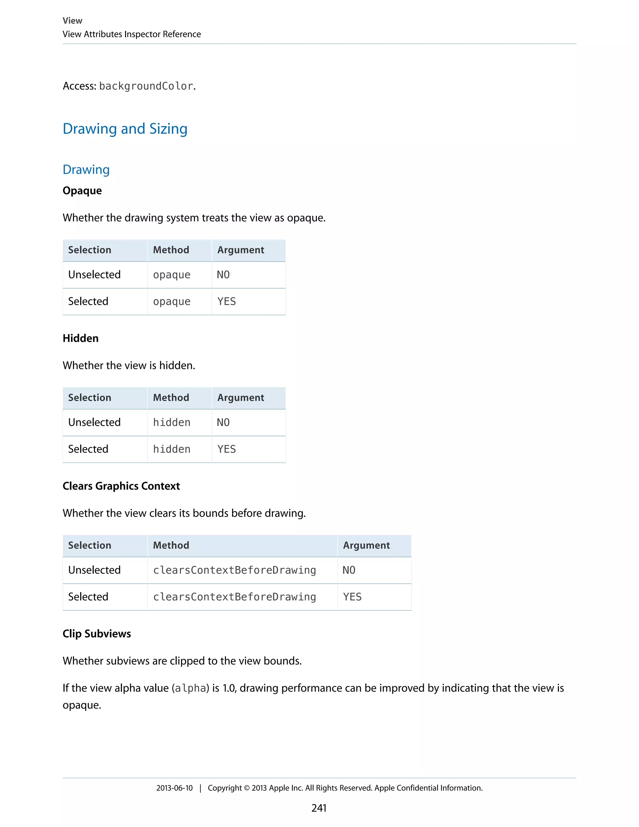 Access: backgroundColor.
Drawing and Sizing
Drawing
Opaque
Whether the drawing system treats the view as opaque.
ArgumentMethodSelection
NOopaqueUnselected
YESopaqueSelected
Hidden
Whether the view is hidden.
ArgumentMethodSelection
NOhiddenUnselected
YEShiddenSelected
Clears Graphics Context
Whether the view clears its bounds before drawing.
ArgumentMethodSelection
NOclearsContextBeforeDrawingUnselected
YESclearsContextBeforeDrawingSelected
Clip Subviews
Whether subviews are clipped to the view bounds.
If the view alpha value (alpha) is 1.0, drawing performance can be improved by indicating that the view is
opaque.
View
View Attributes Inspector Reference
2013-06-10 | Copyright © 2013 Apple Inc. All Rights Reserved. Apple Confidential Information.
241
 
