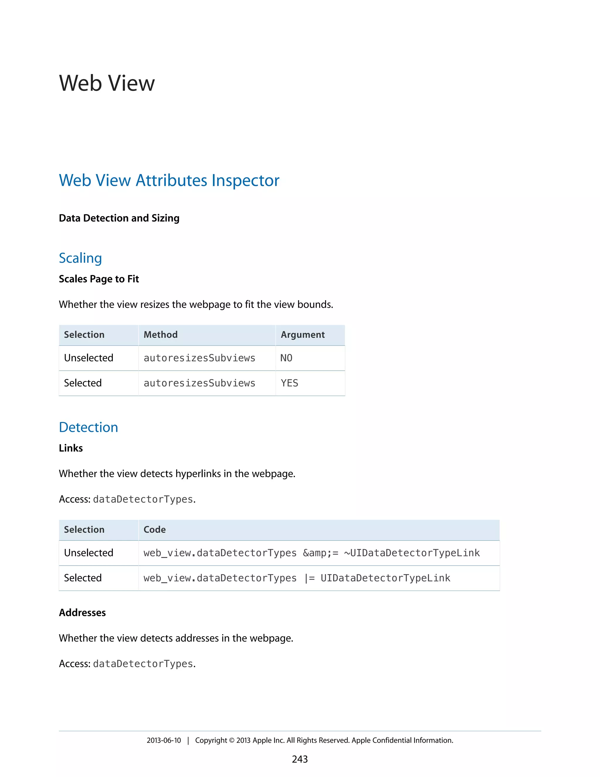 Web View Attributes Inspector
Data Detection and Sizing
Scaling
Scales Page to Fit
Whether the view resizes the webpage to fit the view bounds.
ArgumentMethodSelection
NOautoresizesSubviewsUnselected
YESautoresizesSubviewsSelected
Detection
Links
Whether the view detects hyperlinks in the webpage.
Access: dataDetectorTypes.
CodeSelection
web_view.dataDetectorTypes &amp;= ~UIDataDetectorTypeLinkUnselected
web_view.dataDetectorTypes |= UIDataDetectorTypeLinkSelected
Addresses
Whether the view detects addresses in the webpage.
Access: dataDetectorTypes.
2013-06-10 | Copyright © 2013 Apple Inc. All Rights Reserved. Apple Confidential Information.
243
Web View
 