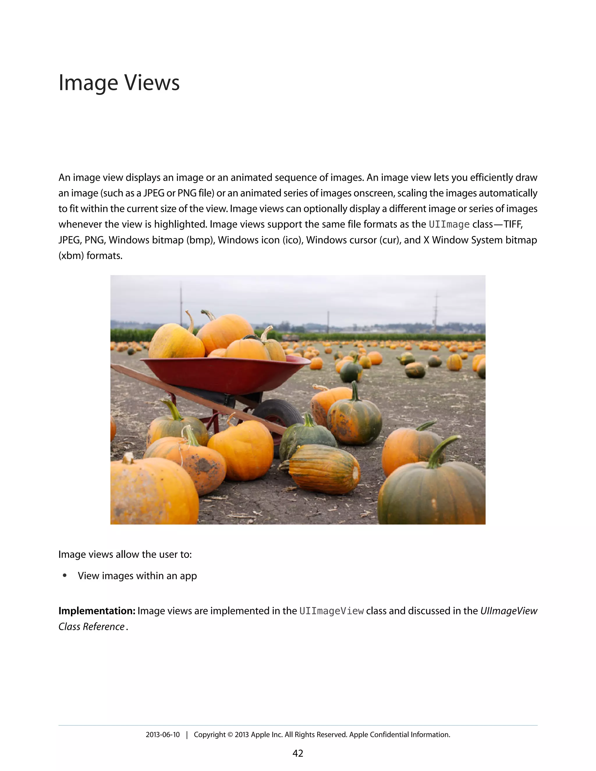 An image view displays an image or an animated sequence of images. An image view lets you efficiently draw
an image (such as a JPEG or PNG file) or an animated series of images onscreen, scaling the images automatically
to fit within the current size of the view. Image views can optionally display a different image or series of images
whenever the view is highlighted. Image views support the same file formats as the UIImage class—TIFF,
JPEG, PNG, Windows bitmap (bmp), Windows icon (ico), Windows cursor (cur), and X Window System bitmap
(xbm) formats.
Image views allow the user to:
● View images within an app
Implementation: Image views are implemented in the UIImageView class and discussed in the UIImageView
Class Reference.
2013-06-10 | Copyright © 2013 Apple Inc. All Rights Reserved. Apple Confidential Information.
42
Image Views
 