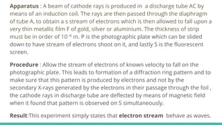 Apparatus : A beam of cathode rays is produced in a discharge tube AC by
means of an induction coil. The rays are then passed through the diaphragm
of tube A, to obtain a s stream of electrons which is then allowed to fall upon a
very thin metallic film F of gold, silver or aluminium. The thickness of strip
must be in order of 10−8 m. P is the photographic plate which can be slided
down to have stream of electrons shoot on it, and lastly S is the fluorescent
screen.
Procedure : Allow the stream of electrons of known velocity to fall on the
photographic plate. This leads to formation of a diffraction ring pattern and to
make sure that this pattern is produced by electrons and not by the
secondary X-rays generated by the electrons in their passage through the foil ,
the cathode rays in discharge tube are deflected by means of magnetic field
when it found that pattern is observed on S simultaneously.
Result:This experiment simply states that electron stream behave as waves.
 