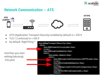 Network Communication -- ATS
● ATS (Application Transport Security) enabled by default in > iOS 9
● TLS 1.2 enforced in > iOS 9
● by default RightThing ™
And then you start
editing/(abusing)
Info.plist
HTTPS
ATS
enabled
<key>NSAppTransportSecurity</key>
<dict>
<key>NSAllowArbitraryLoads</key>
<true/>
<key>NSExceptionDomains</key>
<dict>
<key>mydev.domain</key>
<dict>
<key>NSExceptionAllowsInsecureHTTPLoads</key>
<true/>
<key>NSIncludesSubdomains</key>
<true/>
<key>NSRequiresCertificateTransparency</key>
<false/>
<key>NSThirdPartyExceptionAl…</key>
<false/>
 