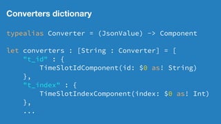 Converters dictionary
typealias Converter = (JsonValue) -> Component
let converters : [String : Converter] = [
"t_id" : {
TimeSlotIdComponent(id: $0 as! String)
},
"t_index" : {
TimeSlotIndexComponent(index: $0 as! Int)
},
...
 