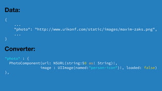 Data:
{
...
"photo": "http://www.uikonf.com/static/images/maxim-zaks.png",
...
}
Converter:
"photo" : {
PhotoComponent(url: NSURL(string:$0 as! String)!,
image : UIImage(named:"person-icon")!, loaded: false)
},
 