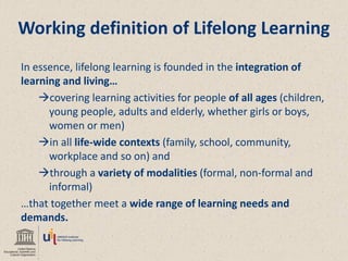 In essence, lifelong learning is founded in the integration of learning and living… 
covering learning activities for people of all ages (children, young people, adults and elderly, whether girls or boys, women or men) 
in all life-wide contexts (family, school, community, workplace and so on) and 
through a variety of modalities (formal, non-formal and informal) 
…that together meet a wide range of learning needs and demands. 
Working definition of Lifelong Learning  