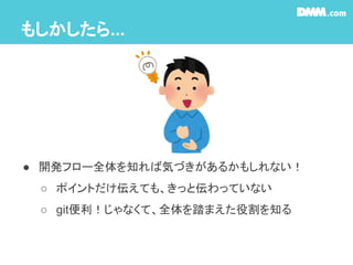 もしかしたら...
● 開発フロー全体を知れば気づきがあるかもしれない！
○ ポイントだけ伝えても、きっと伝わっていない
○ git便利！じゃなくて、全体を踏まえた役割を知る
 