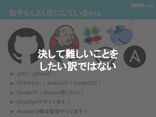 おそらくよく目にしているxxx
● gitだ！githubだ！
● CIやりたい！Jenkinsだ！CircleCIだ！
● Dockerだ！Docker使いたい！
● ChatOpsでやってます！
● Ansibleで構成管理やってます！
決して難しいことを
したい訳ではない
 
