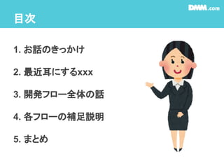目次
1. お話のきっかけ
2. 最近耳にするxxx
3. 開発フロー全体の話
4. 各フローの補足説明
5. まとめ
 